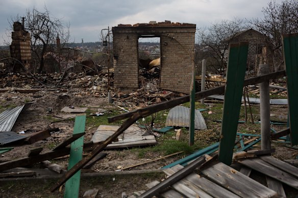 A view of a house destroyed as a result of a shellfire in Horenka, Ukraine. 
