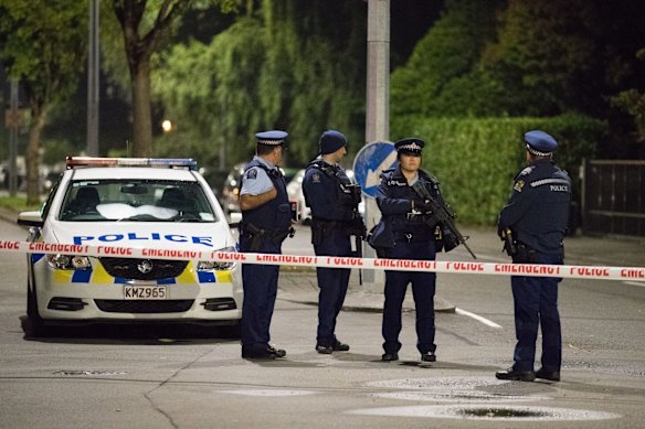 New Zealand police secure the area near the Masjid Al Noor Mosque.