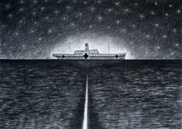 Dean Bowen, Sinking of the Centaur, 2013, charcoal on paper.