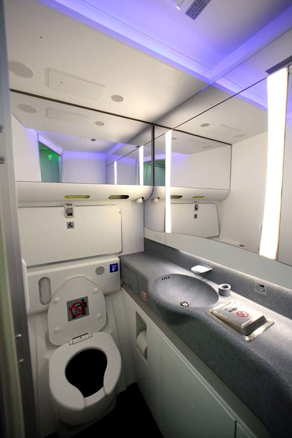 A restroom is seen with some of the variable lighting available on the new Boeing 747-8 Intercontinental 