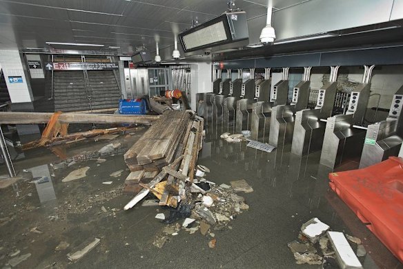 This photo provided by the Metropolitan Transportation Authority shows the South Ferry subway station after it was flooded by seawater during superstorm Sandy