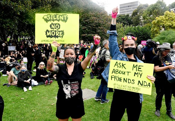 Protesters gather at Treasury Gardens for the Melbourne Women's March 4 Justice. 