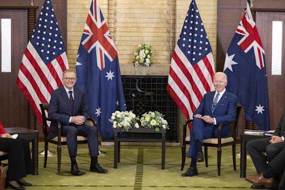 Prime Minister Anthony Albanese and President of the United States Joe Biden at a bilateral meeting during the Quad leaders' summit in Tokyo, Japan.