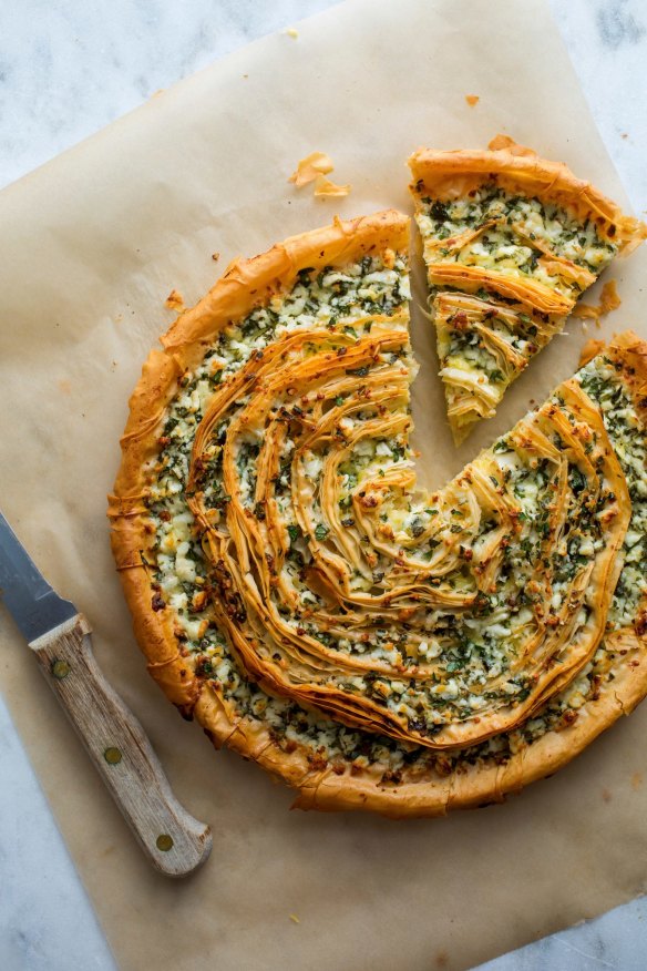 Coiled filo tart with feta and herbs.