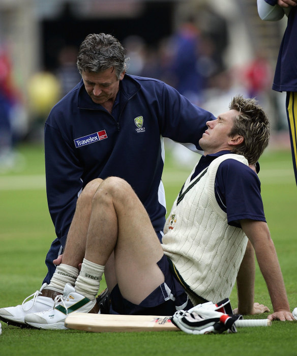 Glenn McGrath winces in pain 16 years ago.