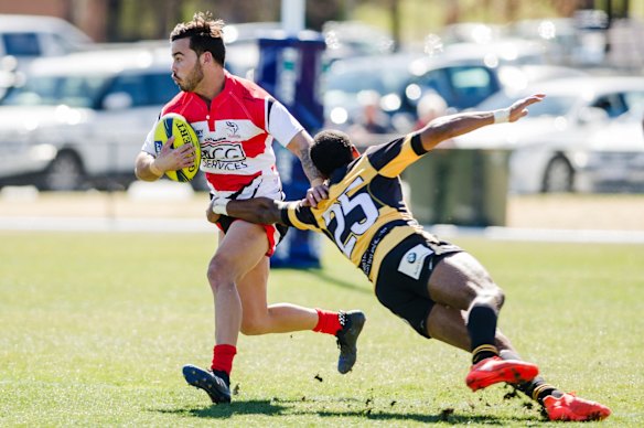 Canberra Vikings v Perth Spirit in National Rugby Championship rugby union. Canberra Vikings right wing Andrew Muirhead, and Perth Spirits right centre Marcel Brache.