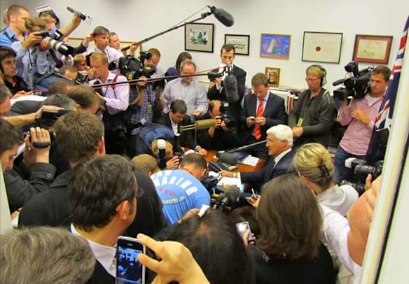 Bob Katter addresses an impromptu press conference in his office at Parliament House in Canberra.