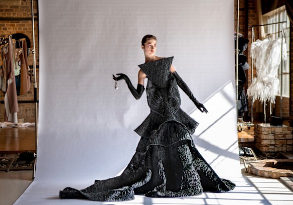 A dress from Toni Maticevski’s latest collection to be shown at Australian Fashion Week, modelled by Stella Hinton.