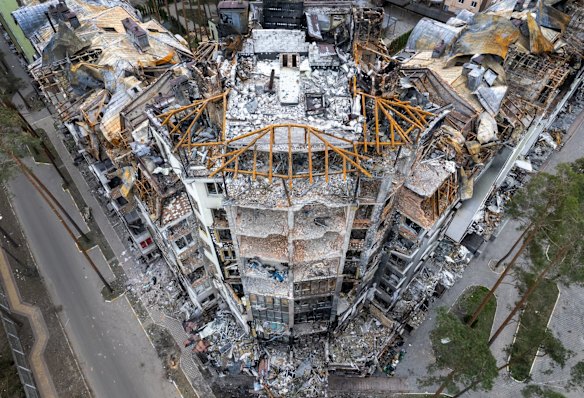 Destroyed structures in Irpin. The Kyiv suburb was heavily damaged in fighting between invading Russian forces and Ukrainian troops.