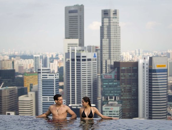 The infinity pool of the Skypark that tops the Marina Bay Sands hotel in Singapore.