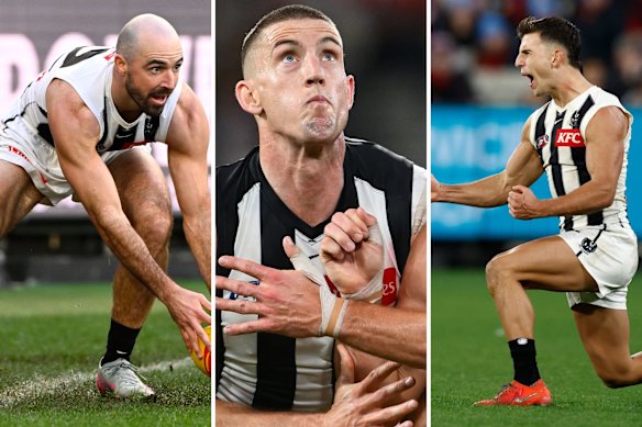 Business end: Steele Sidebottom, Darcy Cameron and Nick Daicos are instrumental in the Magpies’ September plans.