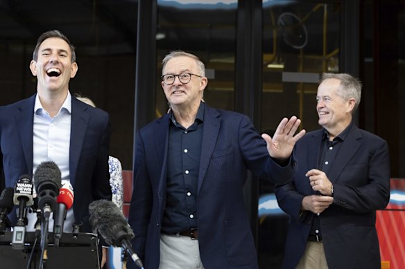 Shadow Treasurer Jim Chalmers, Opposition Leader Anthony Albanese and Shadow Minister for the National Disability Insurance Scheme Bill Shorten  address the media at a doorstop interview during a visit to the Swan Transit Joondalup Bus Depot, in Joondalup, WA, on Saturday 30 April 2022.