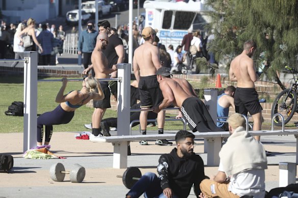Bondi Beach on Sunday. According to NSW Health rules, people are allowed to leave their homes for exercise, and may play sport in groups of 10 or fewer. 