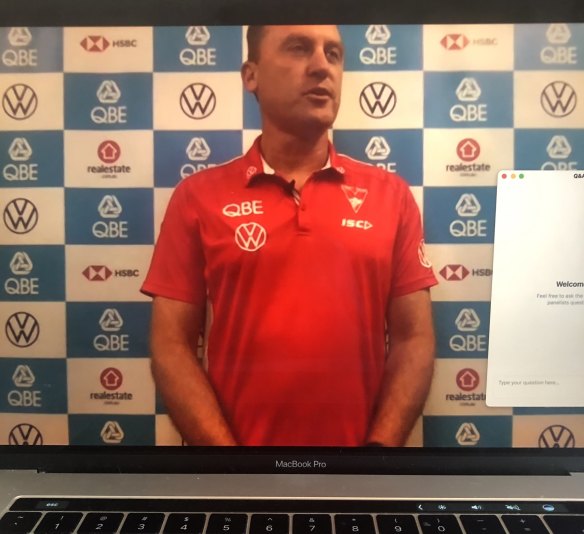 Sydney Swans coach John Longmire conducts his weekly press conference via a video webinar.