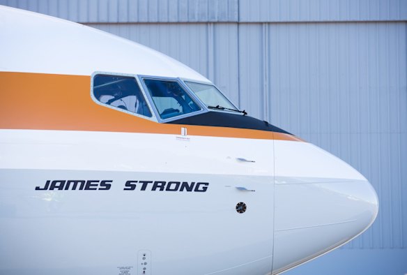 The '70s themed aircraft, featuring an ochre band from tip to tail, signifying the airline's outback roots.