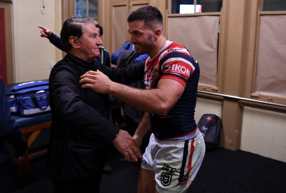 Nick Politis and James Tedesco in the SCG sheds after last Saturday's Storm win.