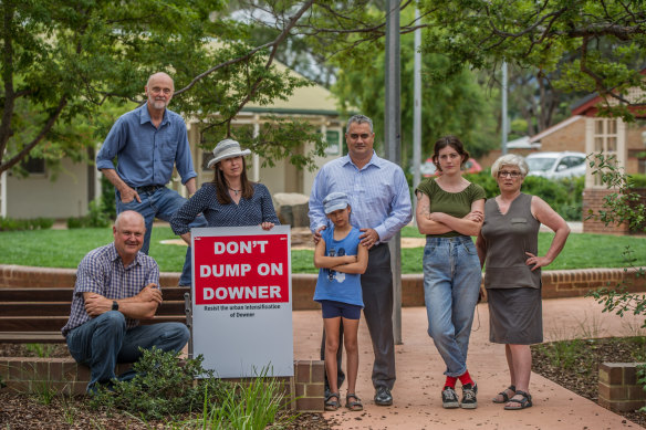 Downer residents Miles Boak, Steve Dyer,  Suzanne Pitson, Geoff and Kate Francis, Jessica Wade and Sue Dyer are concerned about a new ACT planning strategy which proposes to increase housing density in the suburb