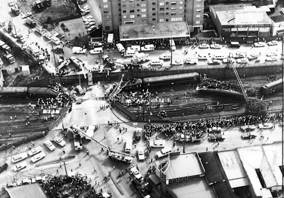 Aerial view of the scene of the Granville train crash, January 19, 1977.