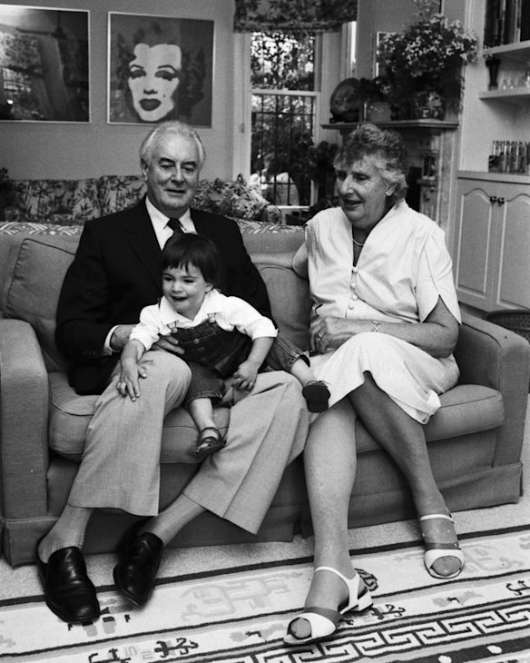Former Prime Minister Gough Whitlam and his wife, Margaret, pictured with their grandson, Edward Hugo Whitlam (aged 18 months), on the 10th anniversary of Whitlam's 1972 election victory, at their son Nicholas's home in Paddington, 28 November 1982.