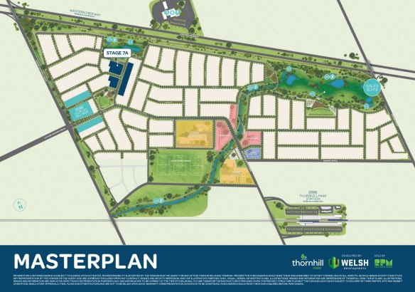 Marketing material for Thornhill Park estate. A future interchange for the Western Freeway is shown at Mount Cottrell Road and a future flyover on Paynes Road.