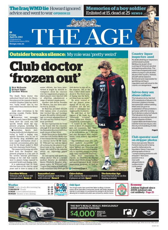 One of The Age’s front pages during the Essendon doping saga of 2013.