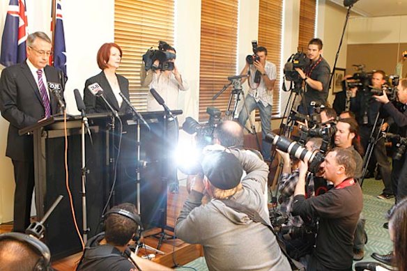 Prime Minister Julia Gillard with Deputy Prime Minister Wayne Swan during her first press conference as PM elect on Thursday 24 June 2010.