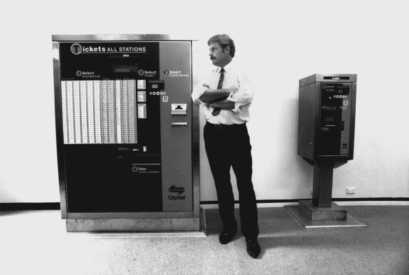 Barry Smithurst with new ticket machines. April 22, 1993.