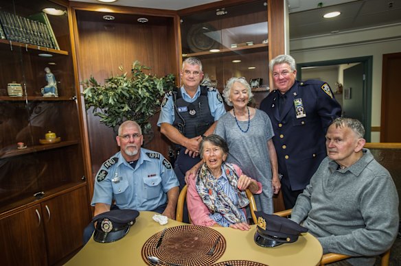 Uniting Care Mirinjani retirement village has granted a lifelong wish for resident Berenice Benson to meet a real New York city cop (something she mentions every tine she gets into the facility lift featuring a poster of the New York skyline). NYPD Detective Howard Shank was glad to accommodate. Also pictured local AFP officers and sister in law Judy Benson and brother John Benson.
