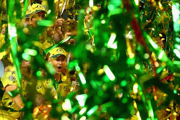 Australian captain Michael Clarke and his teammates after their win in the World Cup final.