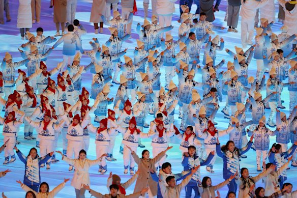 An army of performers during the Beijing Winter Olympics closing ceremony.