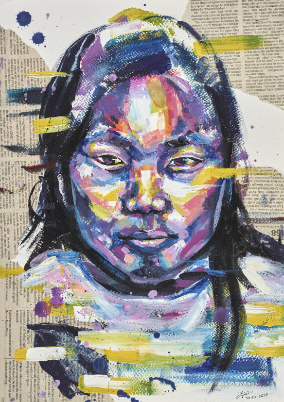 Jacquelin Qin won the Young Archie’s 13-15 year old category for her work ‘My Sister’. Acrylic and newspaper collage on paper. 