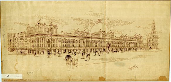 Queen Victoria Building Plans 1892, drawing of exterior from Market St. Signed by George McRae City Architect