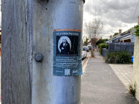 Stickers referencing the fabled “Mole Man of Moonee Ponds” - a long-running in-joke between locals online.