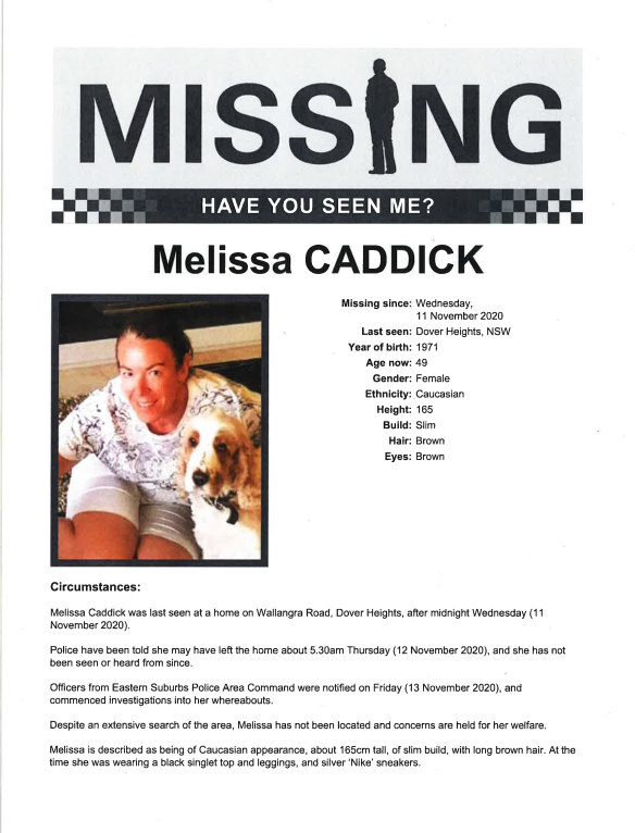 A missing person documents for Melissa Caddick.