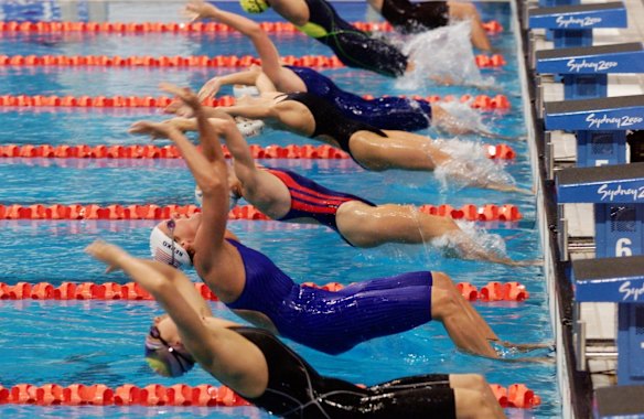 The start of the women's 100m backstroke heat.
