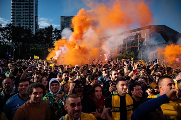 Australian Socceroos and Argentina fans gather at Darling Harbour on December 4 to watch the round-of-16 knockout match broadcast from the FIFA Soccer World Cup in Qatar.