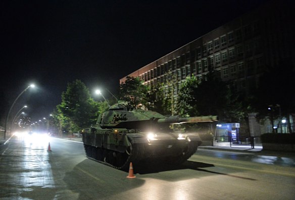 Turkish army tanks move in the main streets in the early morning hours of July 16, 2016 in Ankara, Turkey.