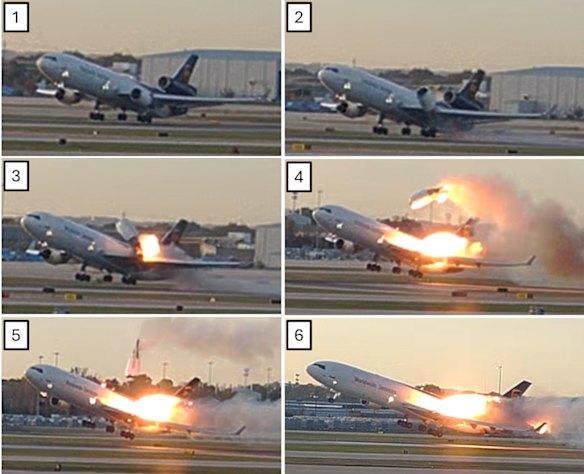 Still images of flight UPS2976 from an airport surveillance video show the left engine and left pylon separation from the left wing.