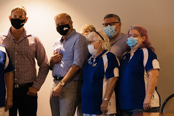 Anthony Albanese, Queensland Labor senator Murray Watt and Labor candidate for Dawson Shane Hamilton visit a local Country Women's Association. The reception from voters on the whistlestop tour of Queensland lifted the Labor leader's spirits.