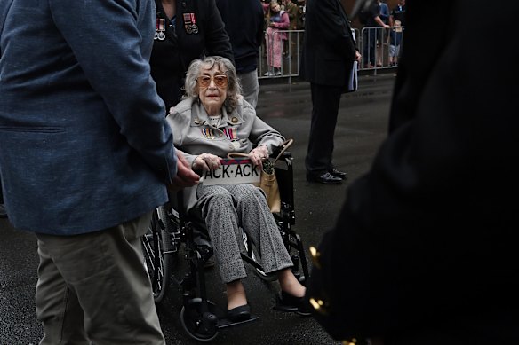 World War Two veteran and gunner Valerie Ireland 97years old (centre) who served in the all female crewed wave battery of the third anti aircraft battery that defended Newcastle, waits to march in the ANZAC Day March in Sydney.