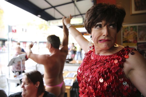 Drag performer Gaynor Tension at Belloccio Cafe before the annual Sydney Mardi Gras Parade in 2014.