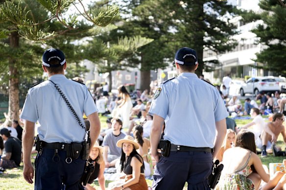 Police patrol picnics at Manly on the last weekend before COVID-19 restrictions are eased.