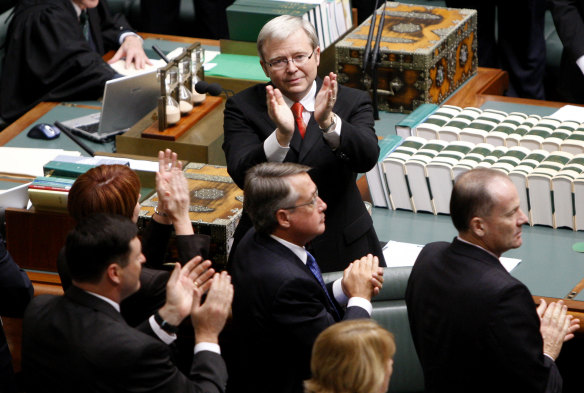 Australian Prime Minister Kevin Rudd, top, applauds members of Australia’s Stolen Generation in the public gallery after delivering his apology speech 15 years ago. 