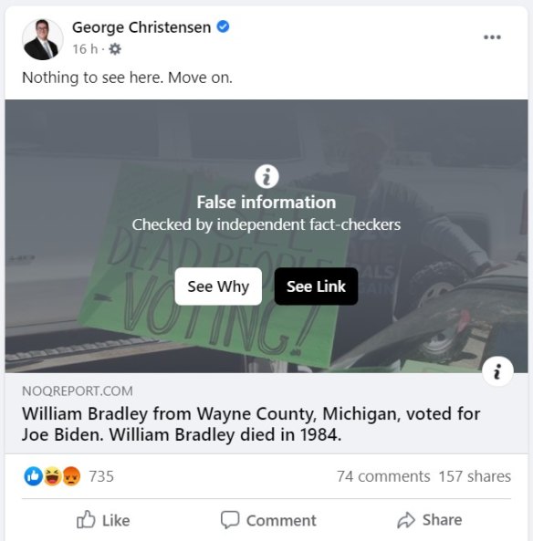 Screenshot of Facebook post made by coalition MP George Christensen about the US presidential election.