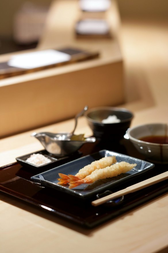 A pair of tempura prawns at Tempura Hajime.