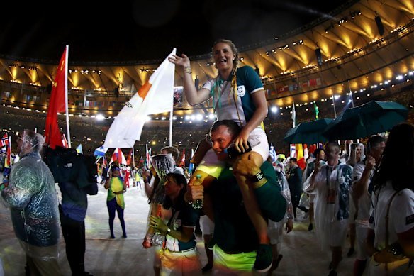 Members of Team Australia take part during the 'Heroes of the Games' segment during the Closing Ceremony on Day 16 of the Rio 2016 Olympic Games.
