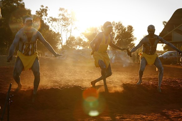 Gumatj clan ceremonial leaders performing the Gurtha ceremony at the opening ceremony of the First Nations National Convention held in Uluru, at the Mutitjulu community.