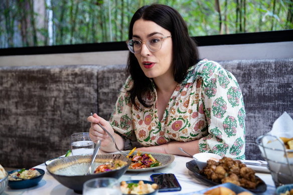 Playwright Kendall Feaver at lunch at Zahli's Middle Eastern restaurant.