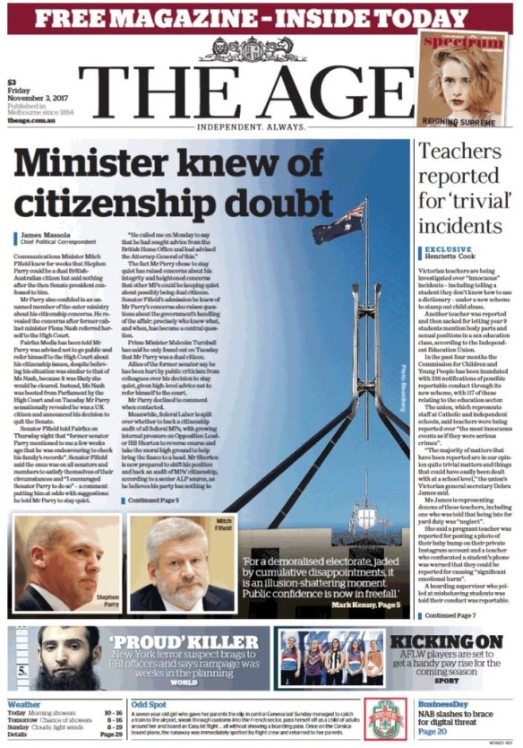 The front page of The Age, November 3, 2017