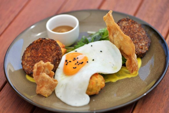 Spice-crusted white pudding with sweet corn fritters at Jack B Nimble in Maribyrnong.